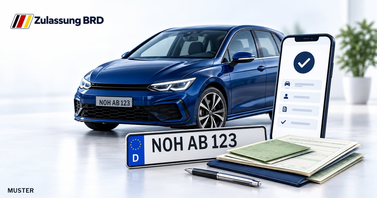 Online Fahrzeugzulassung in Nordhorn: Musterkennzeichen NOH AB 123, Auto und Fahrzeugpapiere und Smartphone. Illustration mit Logo von Zulassung BRD.
